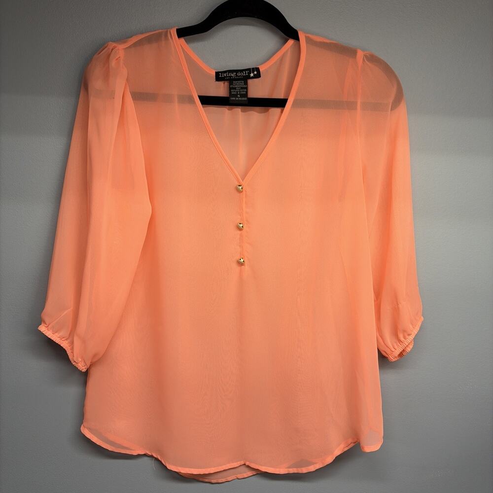 Living Doll Women Small Coral Orange Sheer 3 Button V Neck 3/4 Sleeve Top Blouse